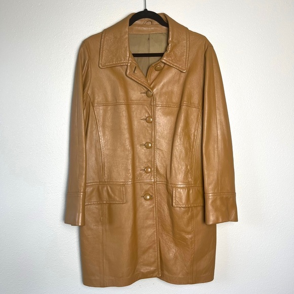 Vintage Jackets & Blazers - 70s vintage genuine leather jacket light brown long coat trench large oversized